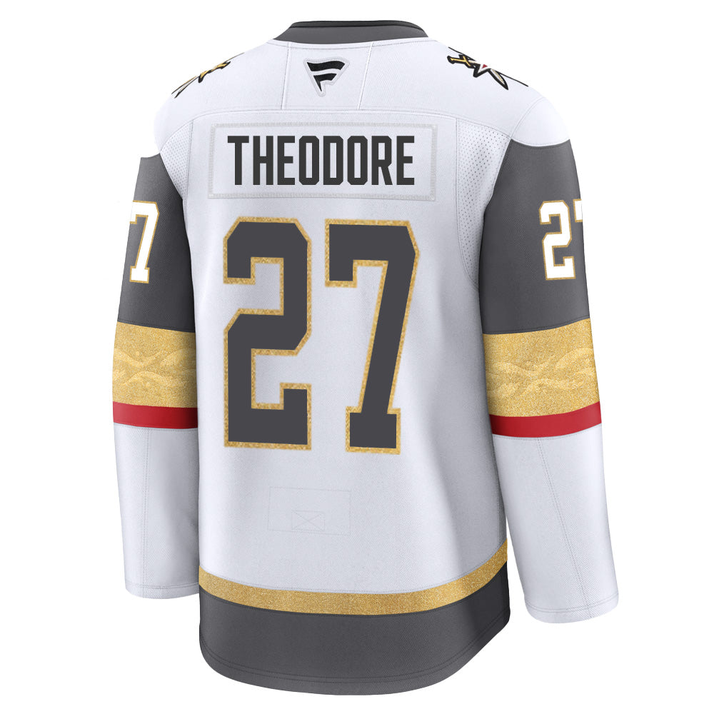 White Vegas Golden Knights merchandise jersey featuring THEODORE 27 for fans