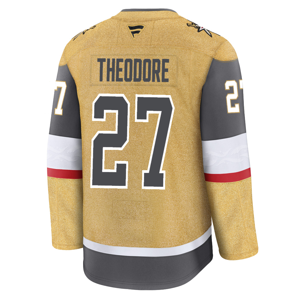 Gold Vegas Golden Knights merchandise jersey featuring THEODORE 27 on the back