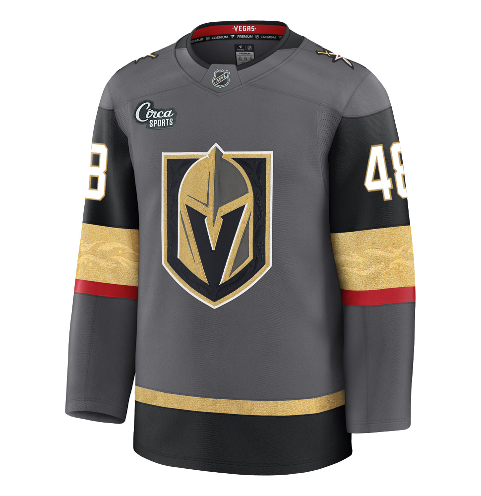 Vegas Golden Knights merchandise featuring a Tomas Hertl stitched jersey in gray, black, and gold