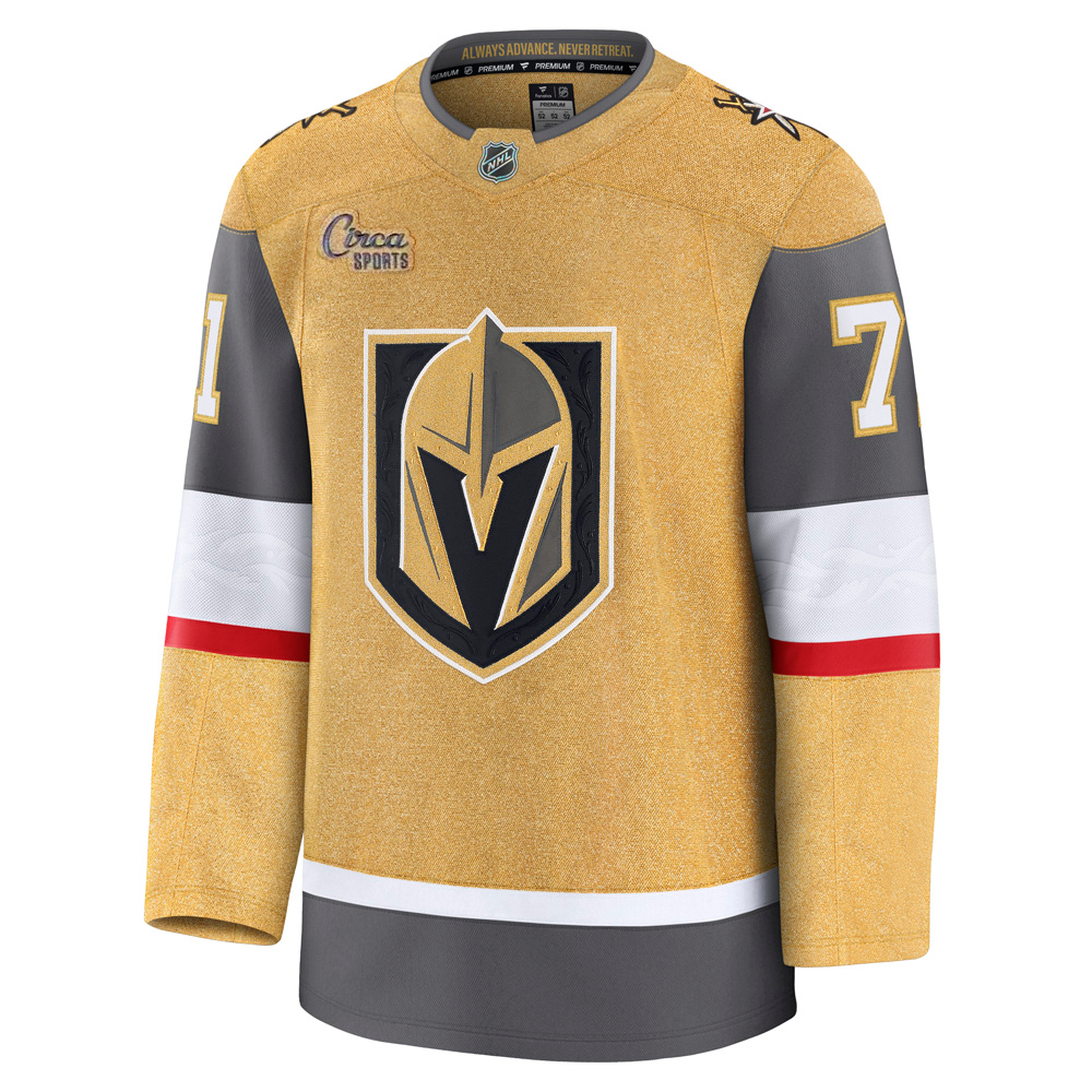 Vegas Golden Knights Fanatics Premium Stitched William Karlsson Jersey in gold, gray, and white