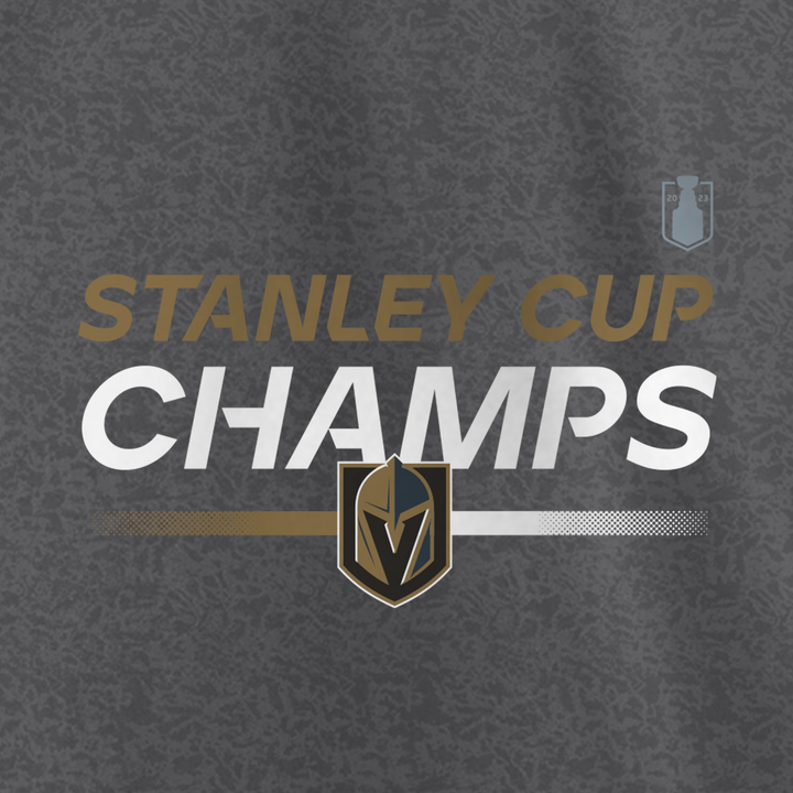 A graphic celebrating the Vegas Golden Knights as champions on official VGK merchandise