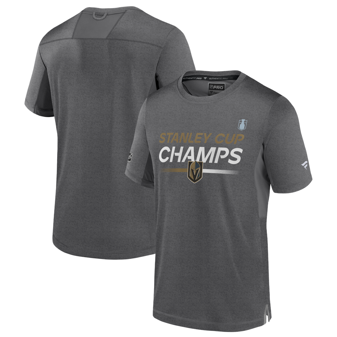 Gray Vegas Golden Knights Fanatics T-Shirt with STANLEY CHAMPS and logo, official VGK merchandise