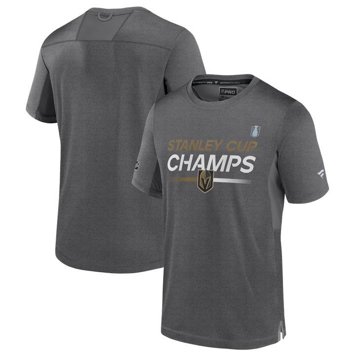 Gray Vegas Golden Knights Fanatics T-Shirt with STANLEY CHAMPS and logo, official VGK merchandise