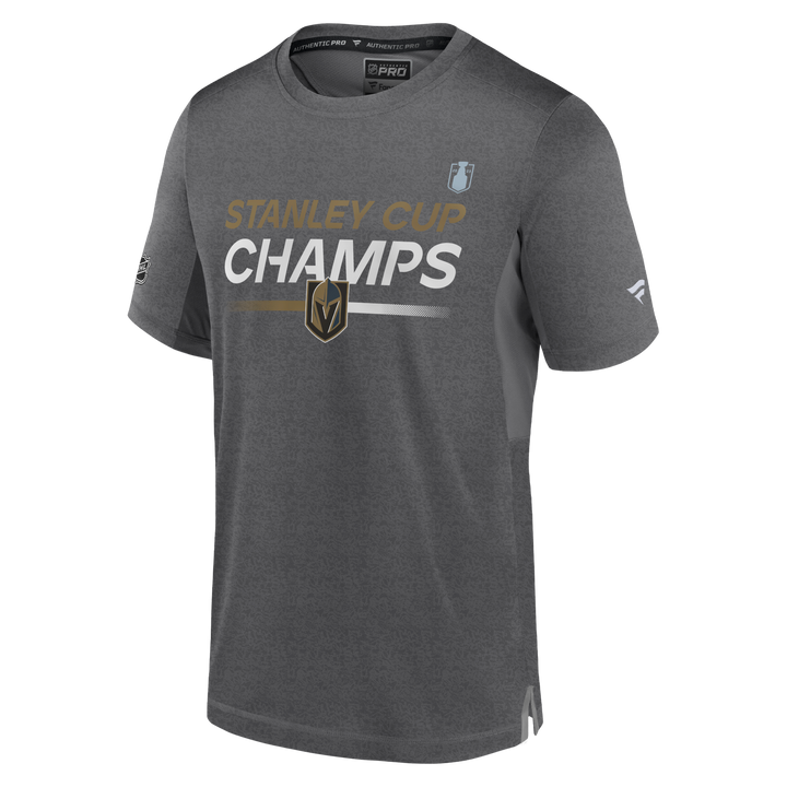 Gray Vegas Golden Knights Fanatics tee with STANLEY CHAMPS and logo, perfect VGK merchandise