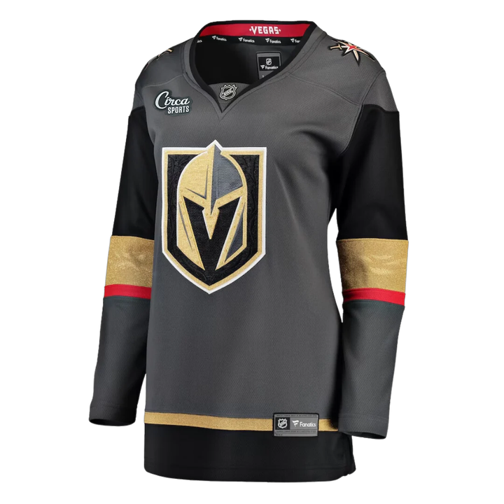 Vegas Golden Knights Fanatics Women’s Breakaway Jack Eichel Jersey in gray, black, and gold