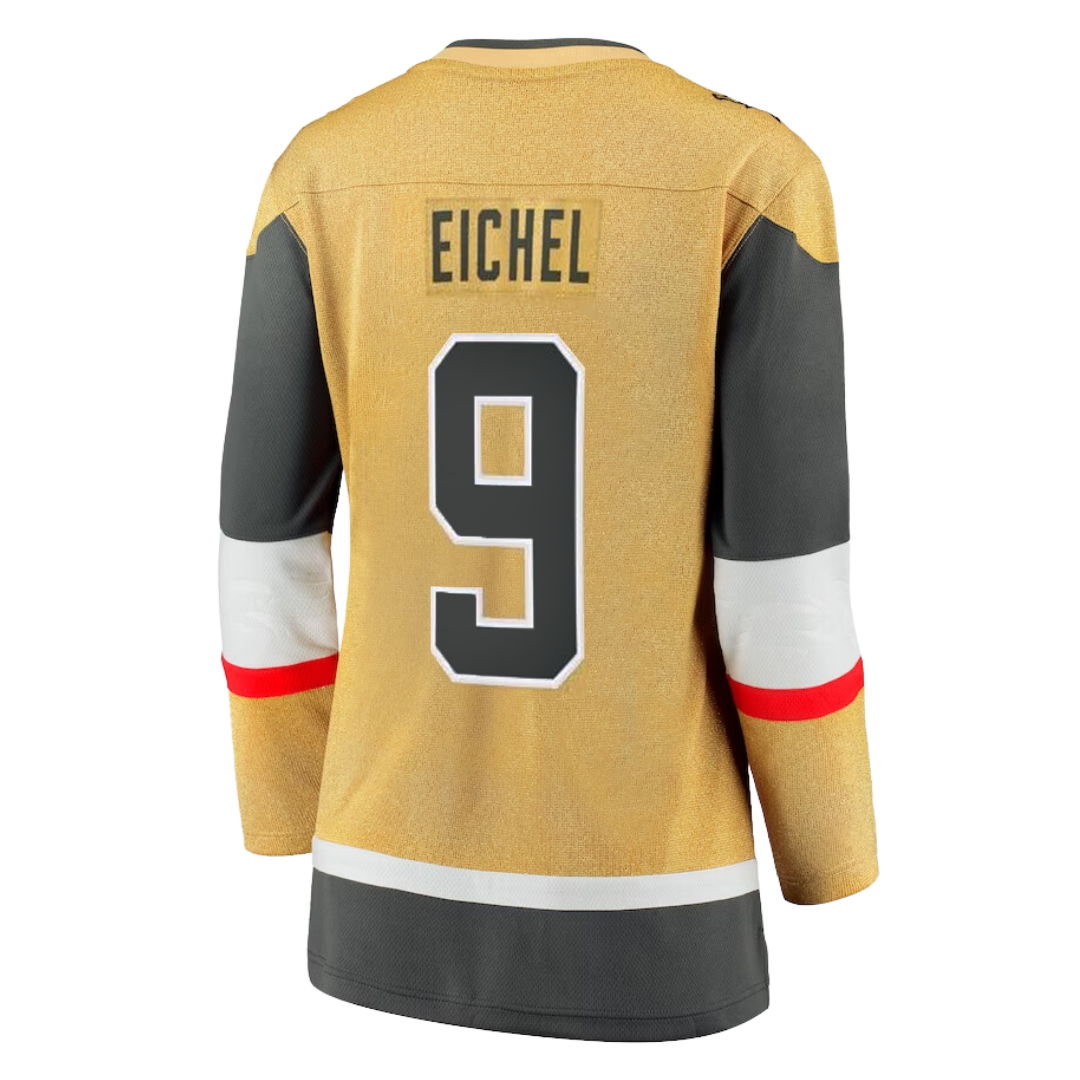 Hockey jersey featuring EICHEL 9 in gold, gray, white, and red, perfect Vegas Golden Knights merchandise