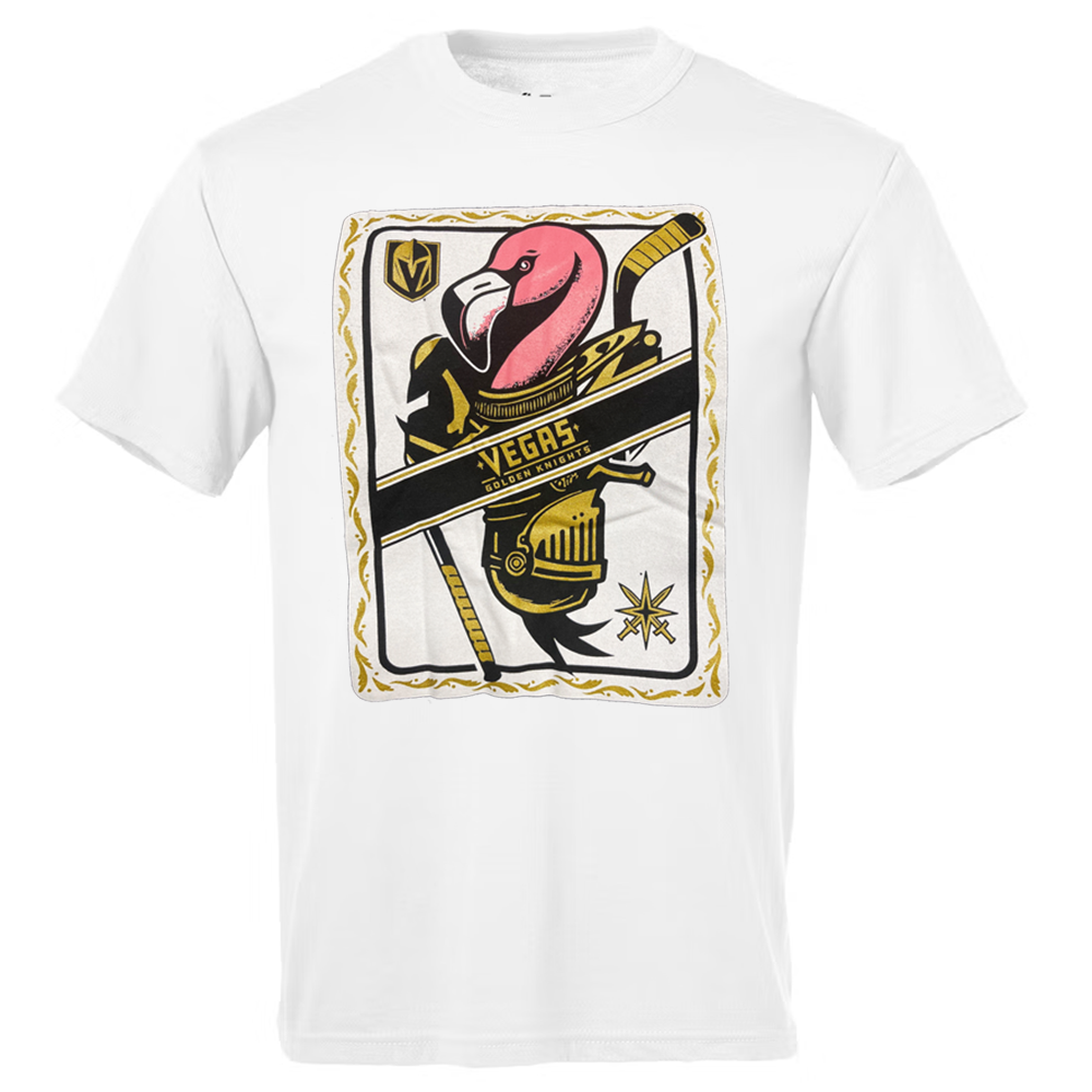 White t-shirt with colorful flamingo playing card graphic for Vegas Golden Knights fans