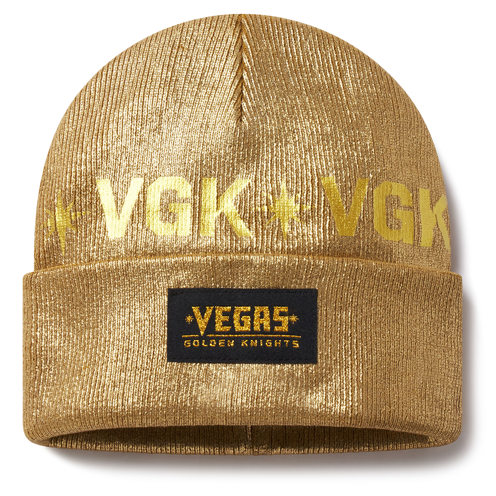 Gold Knit Beanie Hat with VGK Lettering and VEGAS Patch, Vegas Golden Knights Gold Label