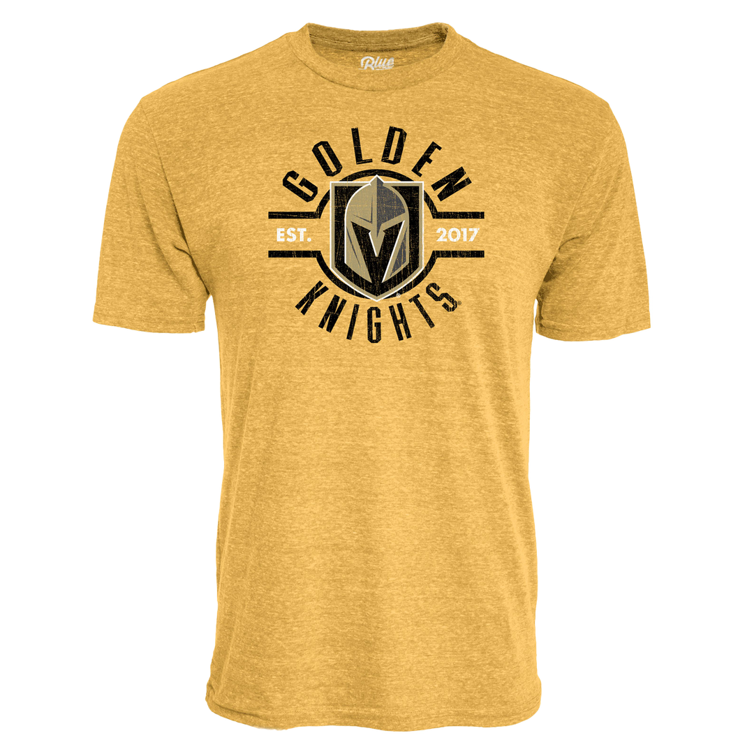 Yellow Vegas Golden Knights Gold Primary Cashword Tee with team logo and text