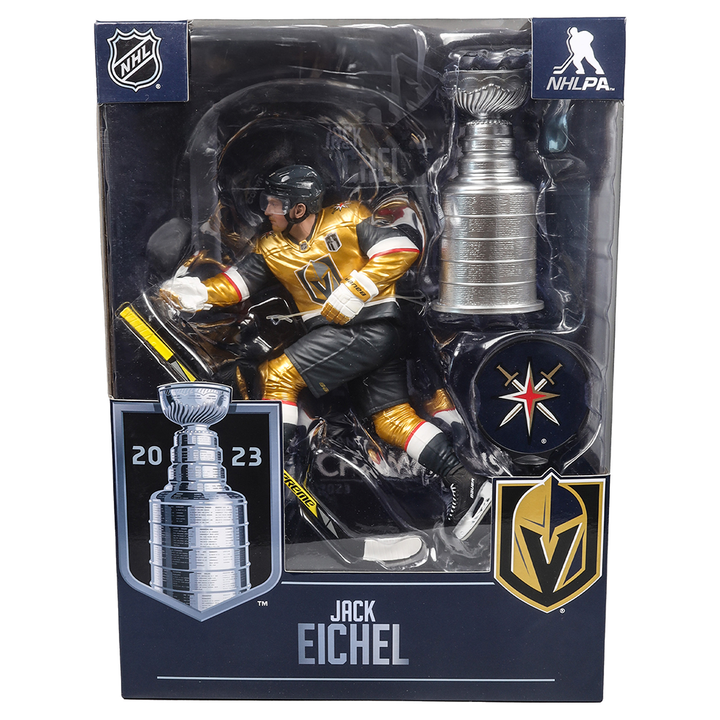 Jack Eichel Action Figure in Vegas Golden Knights uniform with Stanley Cup trophy