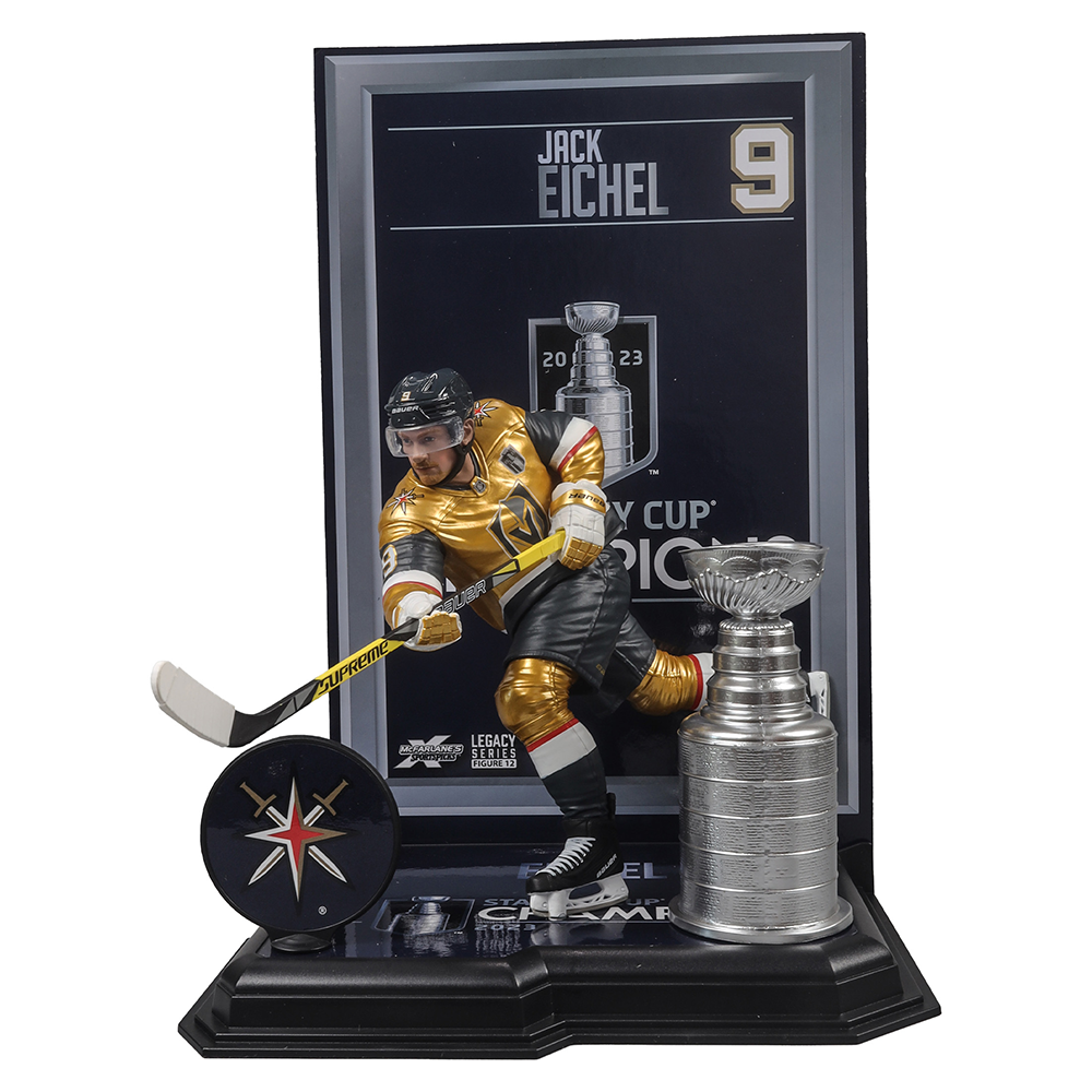 Hockey player figurine in jersey number 9 beside Stanley Cup for Vegas Golden Knights