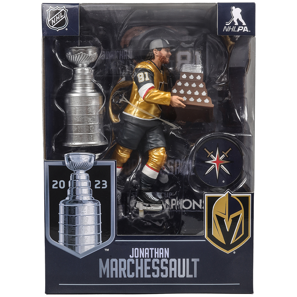 Action figure of Jonathan Marchessault in Golden Knights uniform with Stanley Cup trophies