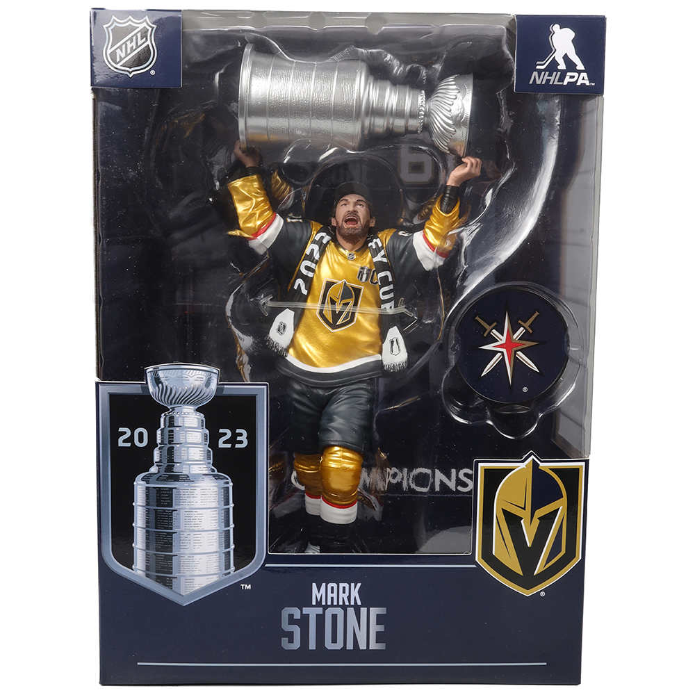 Action figure of Mark Stone celebrating with the Stanley Cup for Vegas Golden Knights