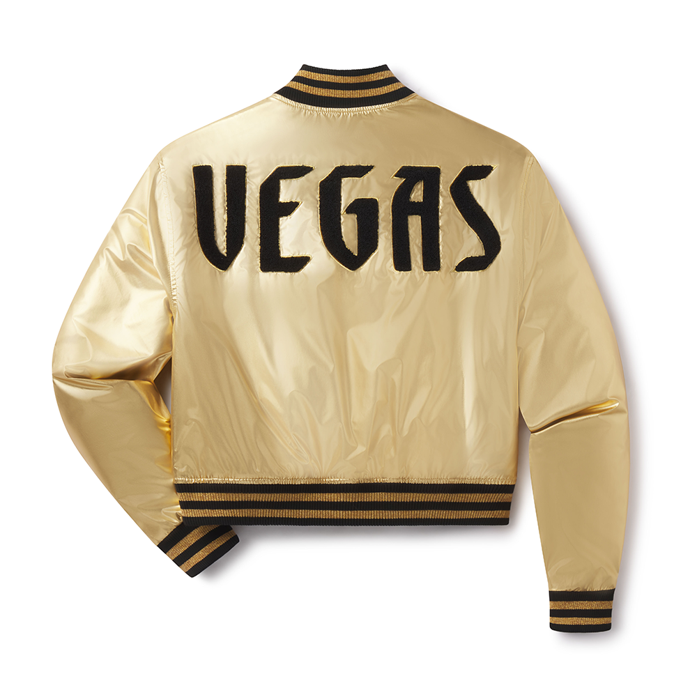 Cream-colored bomber jacket with VEGAS printed on back for Vegas Golden Knights fans