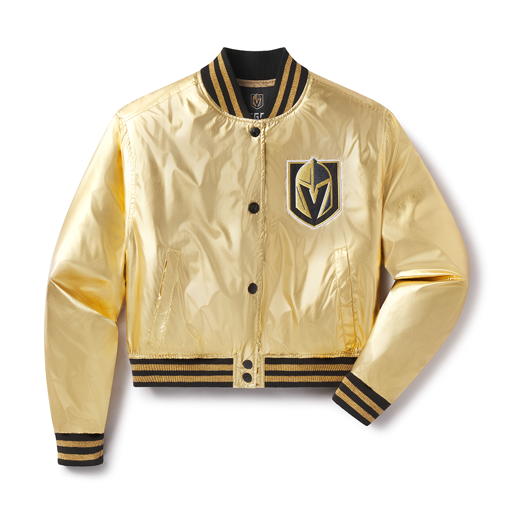 Gold Satin Bomber Jacket with Vegas Golden Knights Logo and Black Accents