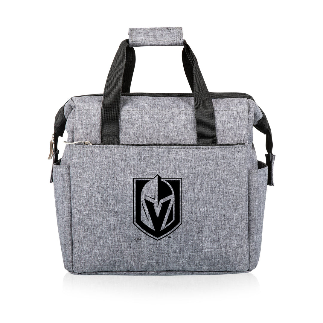 Gray insulated lunch bag cooler featuring a black logo for Vegas Golden Knights