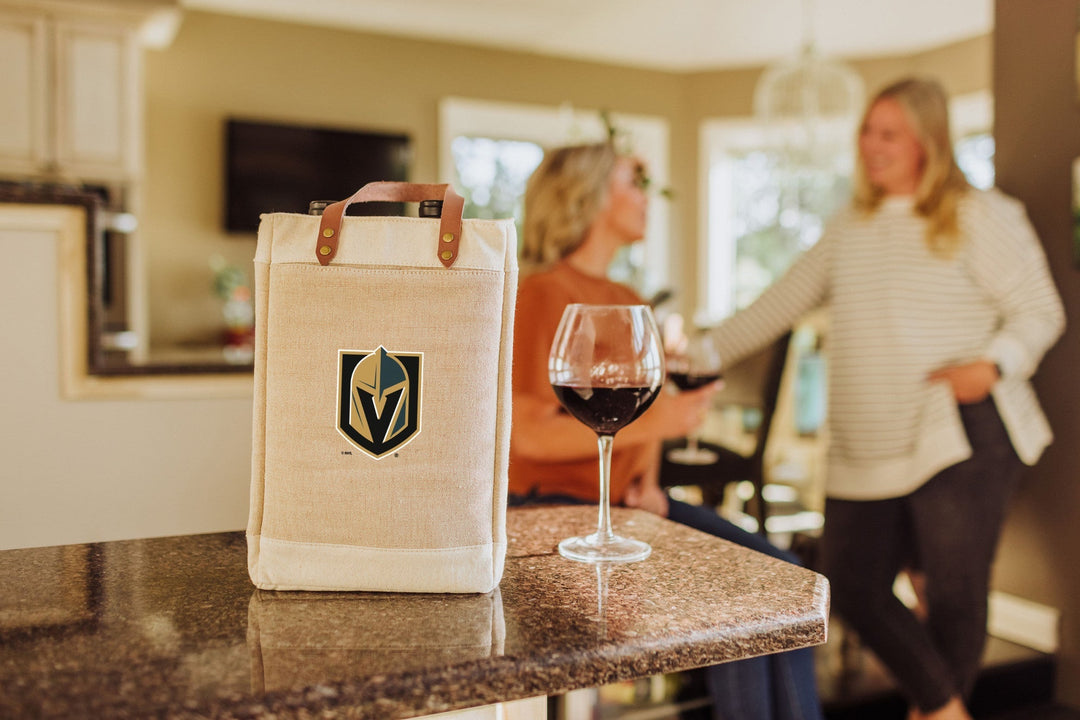 White insulated wine tote bag featuring Vegas Golden Knights logo in black and green