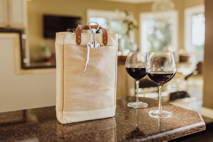 Canvas tote bag featuring wine bottle opener handles, perfect for Vegas Golden Knights merchandise