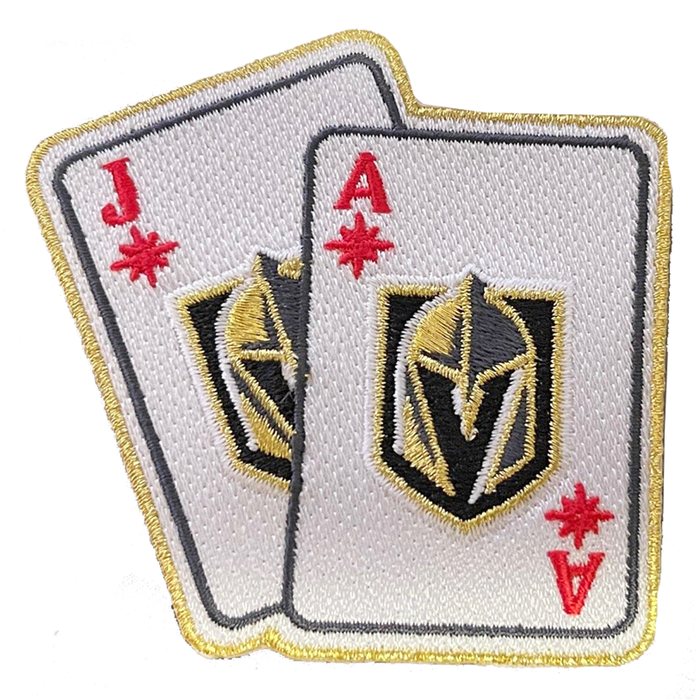 Embroidered patch of two playing cards with Vegas Golden Knights logo and heat-seal backing