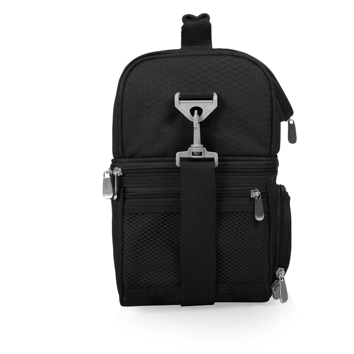 Black backpack with compartments and metal clasp for Vegas Golden Knights lunch bag