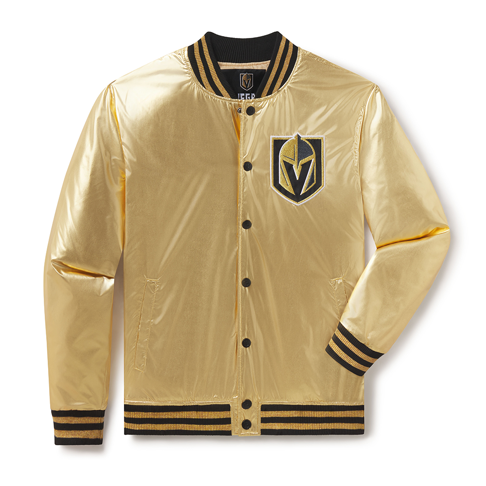 Gold satin varsity jacket featuring Vegas Golden Knights logo for stylish fans