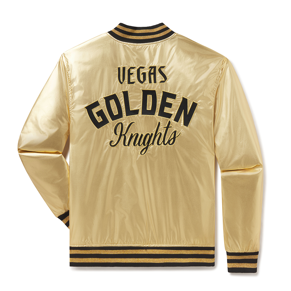 Gold satin Vegas Golden Knights Primary Letterman Jacket with text on the back