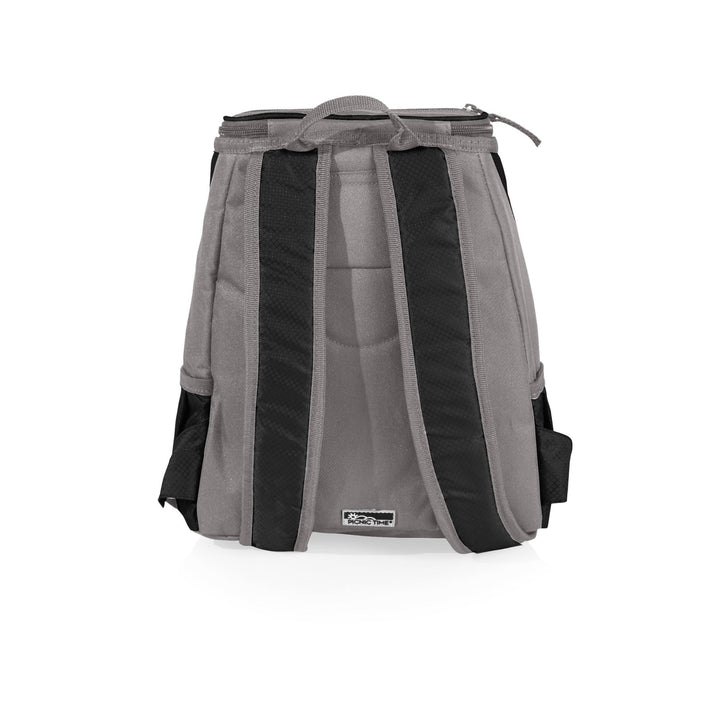 Gray backpack cooler with black straps, featuring Vegas Golden Knights design