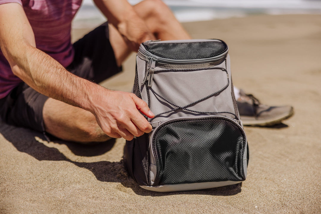 Gray and black Vegas Golden Knights PTX Backpack Cooler with zippered compartments