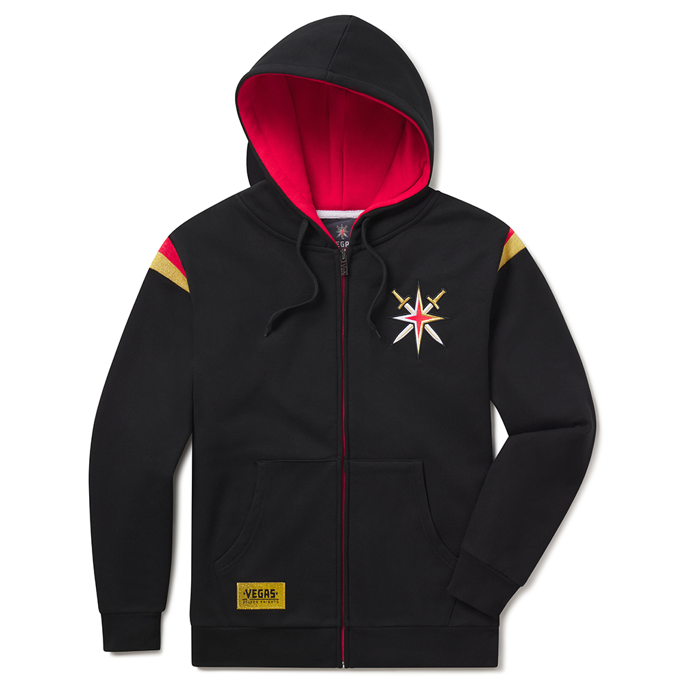 Black zip-up hoodie with red interior and colorful star logo, Vegas Golden Knights design