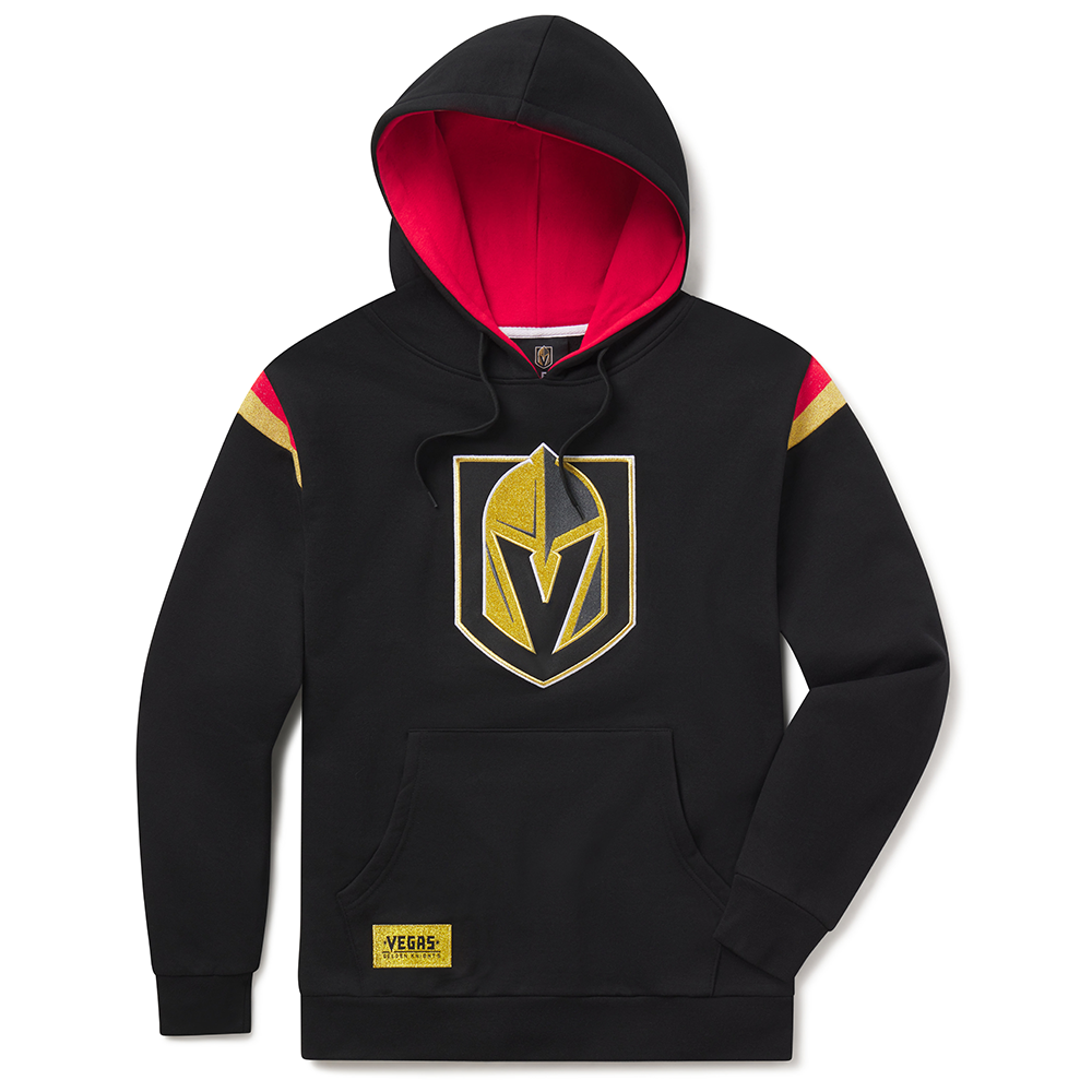 Black Vegas Golden Knights Shoulder Stripe Hoodie with golden logo and red lining