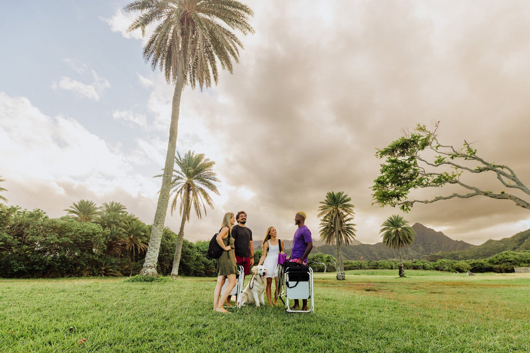 Group of people on grass with Vegas Golden Knights Sports Chair and palm trees nearby