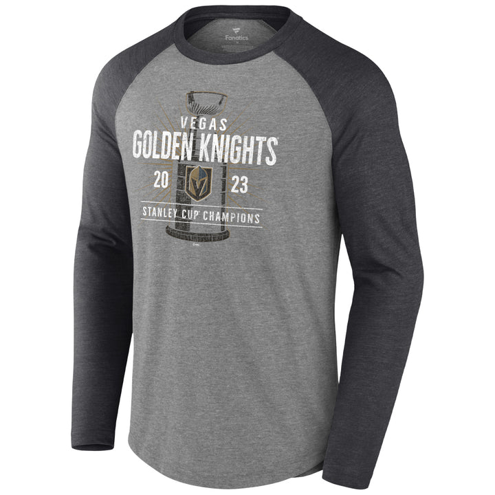 Long-sleeved raglan tee with Vegas Golden Knights 2023 Stanley Cup Champions logo, official VGK merchandise