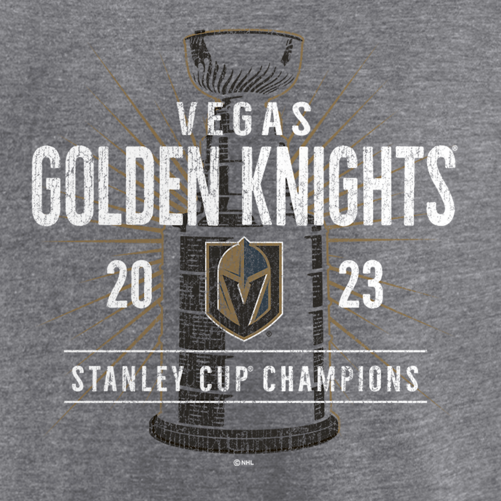 Gray t-shirt featuring Vegas Golden Knights 2023 Stanley Cup Champions graphic, official VGK merchandise