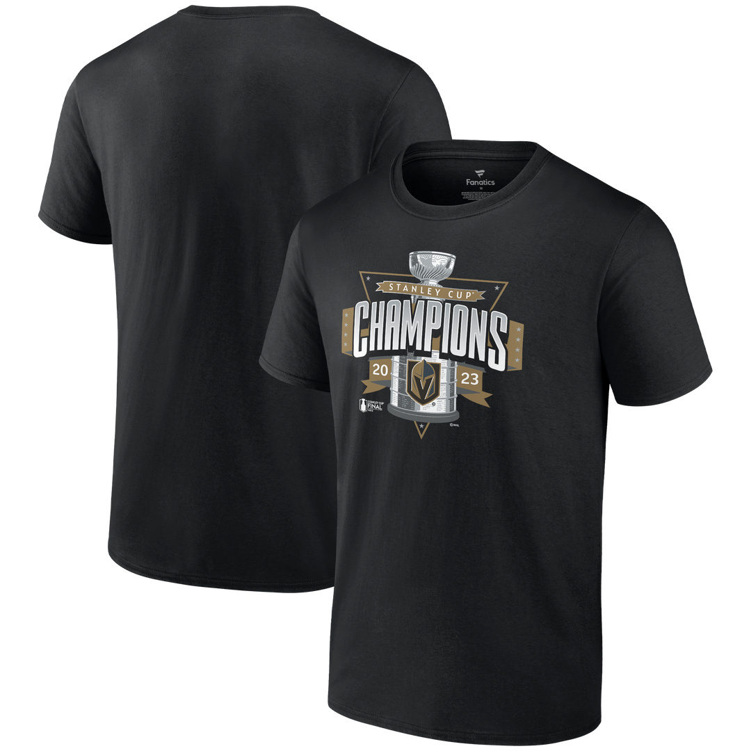 Black Vegas Golden Knights Stanley Cup Champions Tee with gold and silver logo design