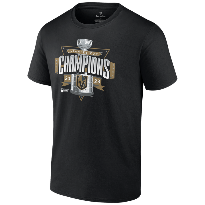 Black Vegas Golden Knights merchandise t-shirt featuring Champions graphic and trophy design