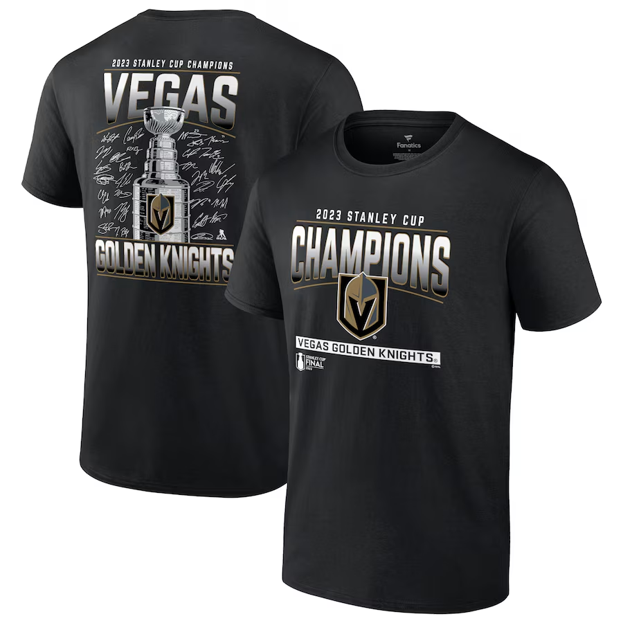 Two black T-shirts showcasing Golden Knights Stanley Cup Champions Signature Roster design