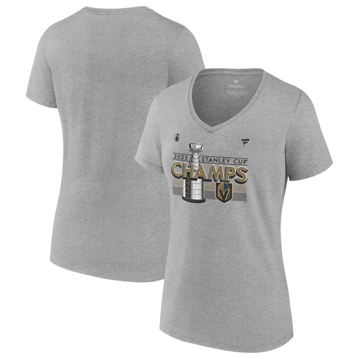 Gray Women’s V-neck Tee featuring 2023 Golden Knights Stanley Cup Champions graphic