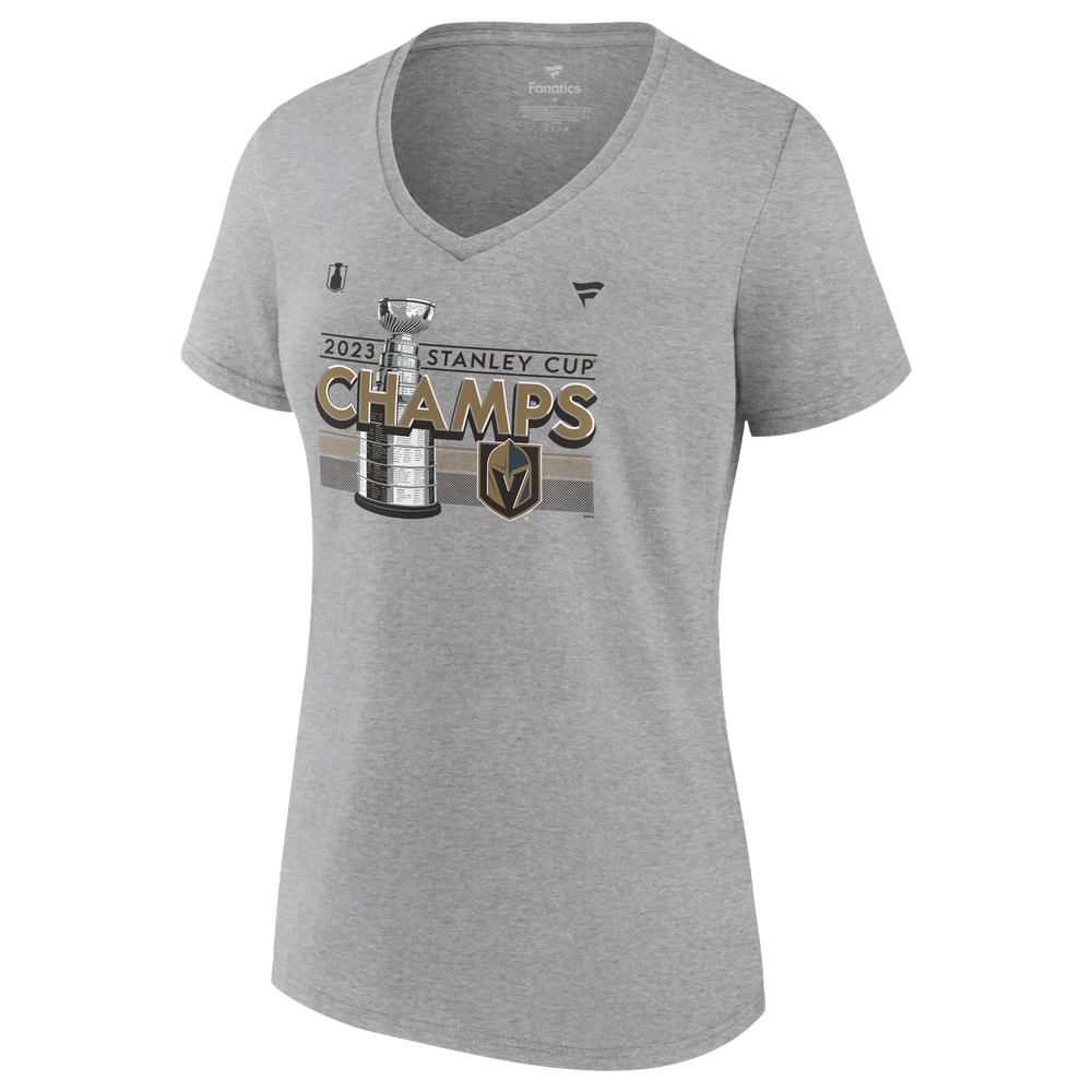 Gray V-neck Golden Knights Locker Room Tee with 2023 Stanley Cup Champs logo