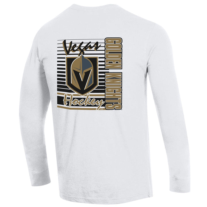 White long-sleeved t-shirt featuring Vegas Golden Knights logo for VGK merchandise