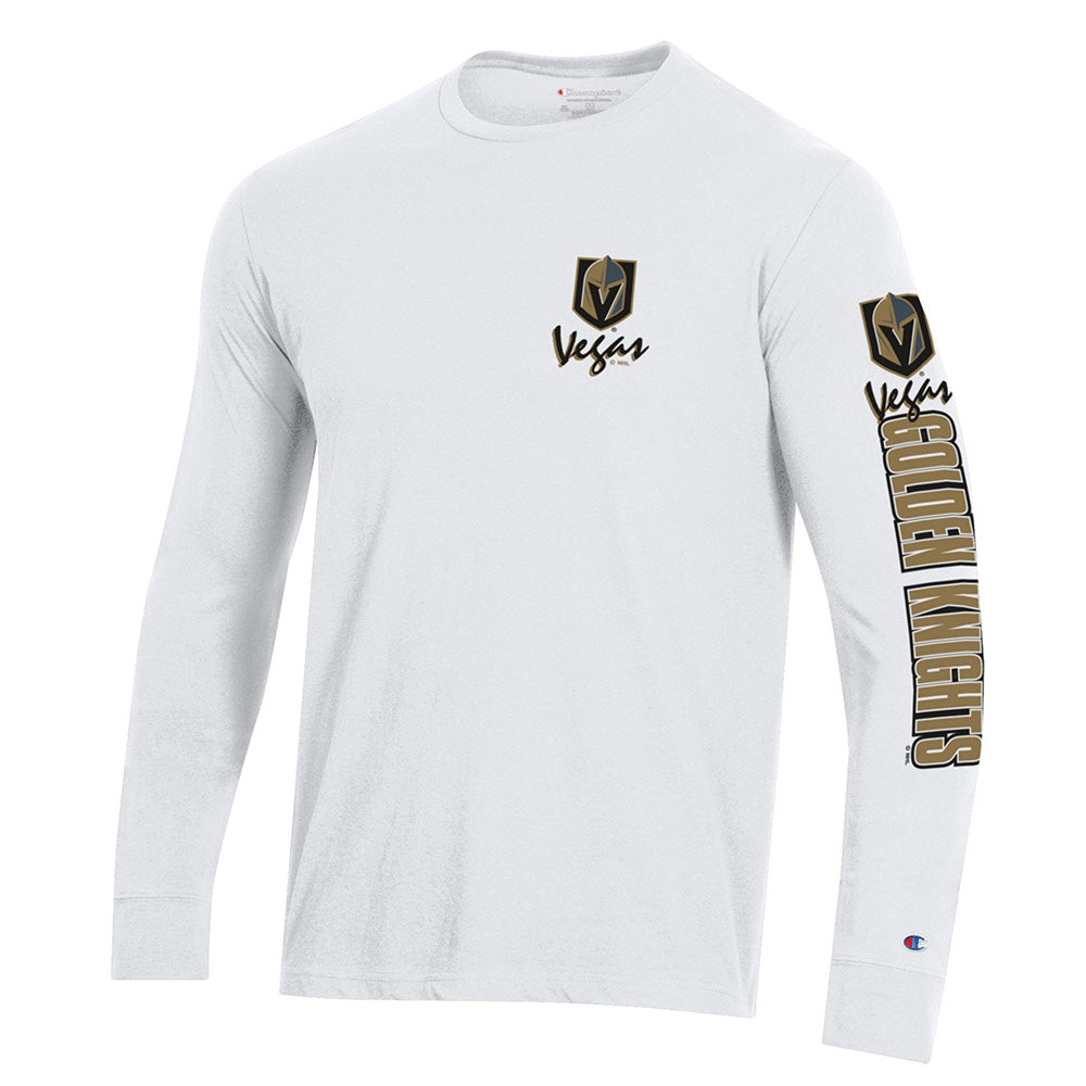 White long-sleeved t-shirt featuring Vegas Golden Knights logo, perfect VGK merchandise