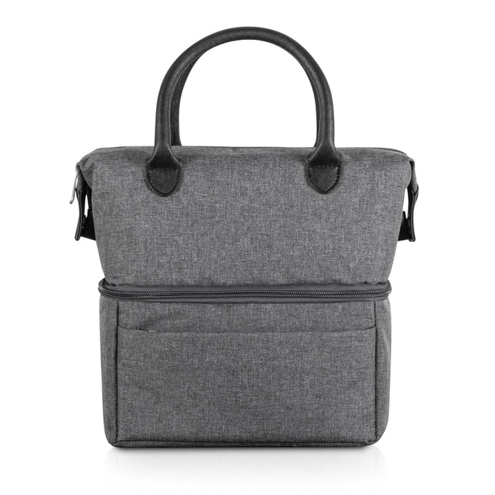 Gray fabric urban lunch bag cooler with black handles and zippered compartment