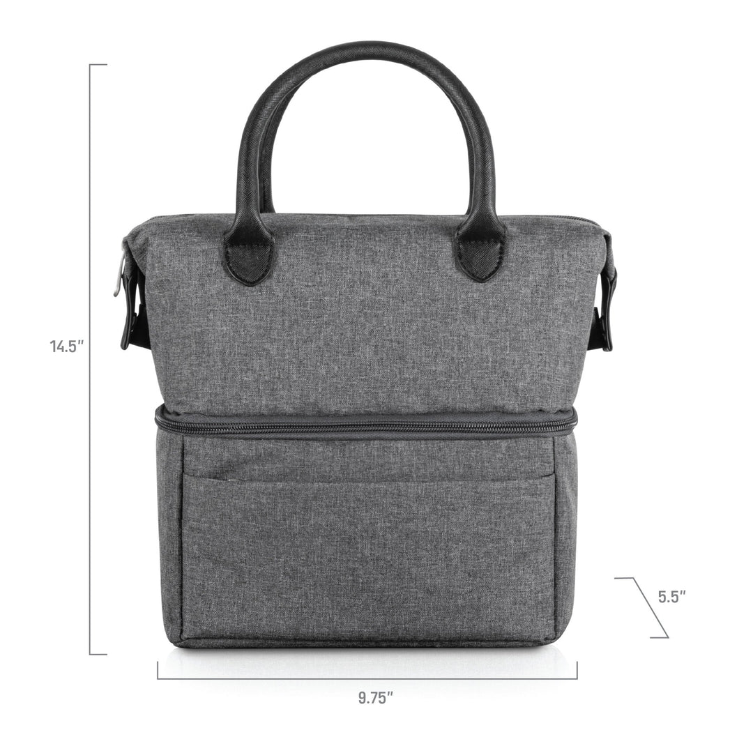 Gray fabric tote bag with black handles and dual compartments for urban lunch bag purposes