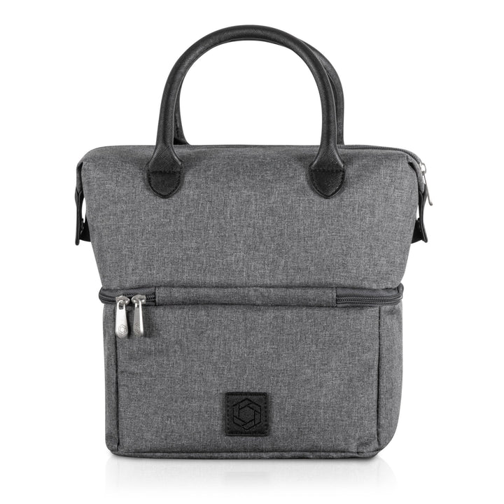 Gray fabric urban lunch bag cooler with leather handles and zippered front pocket