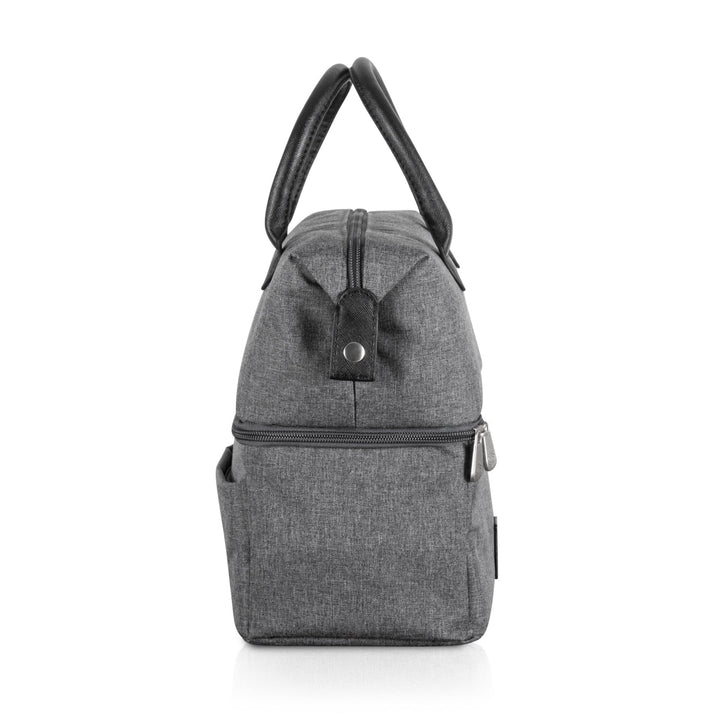 Gray fabric Urban Lunch Bag Cooler featuring handles and multiple compartments