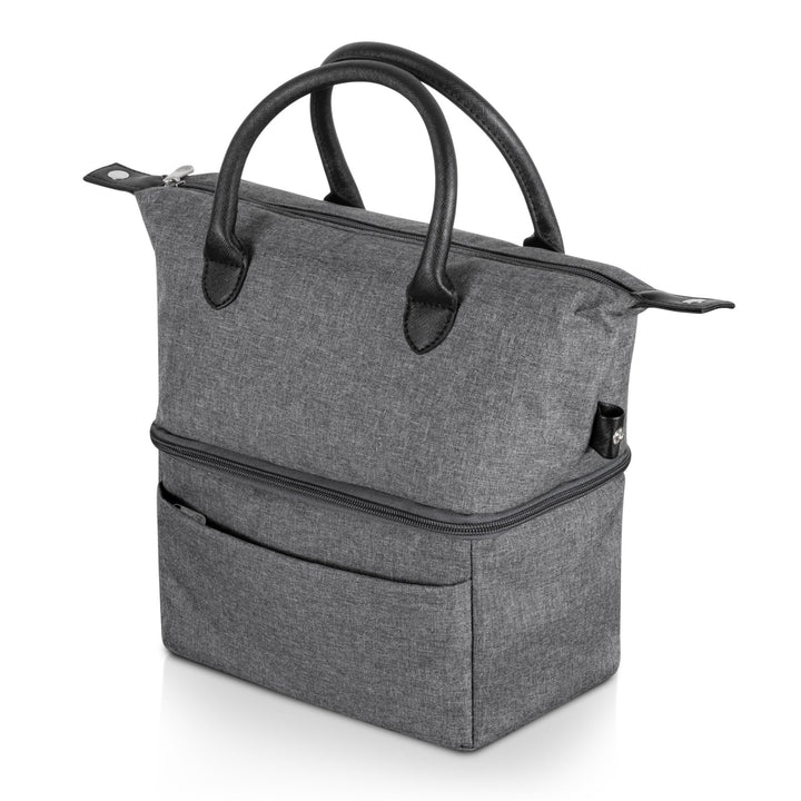 Gray fabric Urban Lunch Bag Cooler with leather handles and multiple compartments