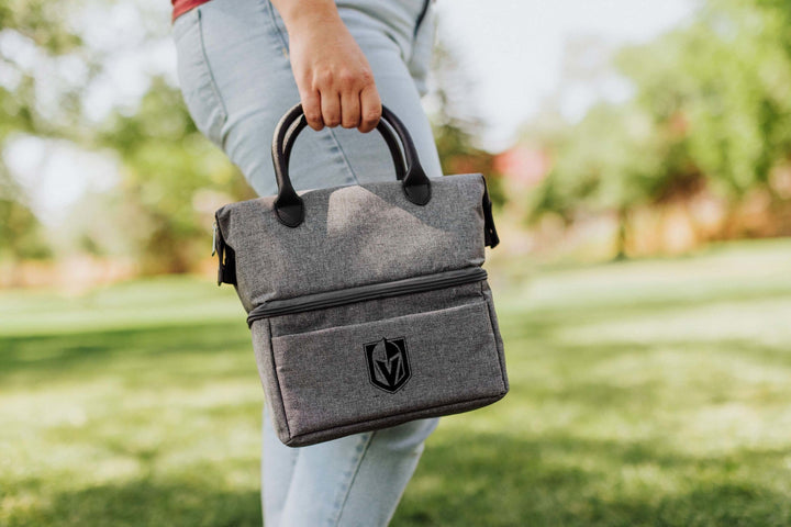 Gray felt urban lunch bag cooler with leather handles and Vegas Golden Knights logo