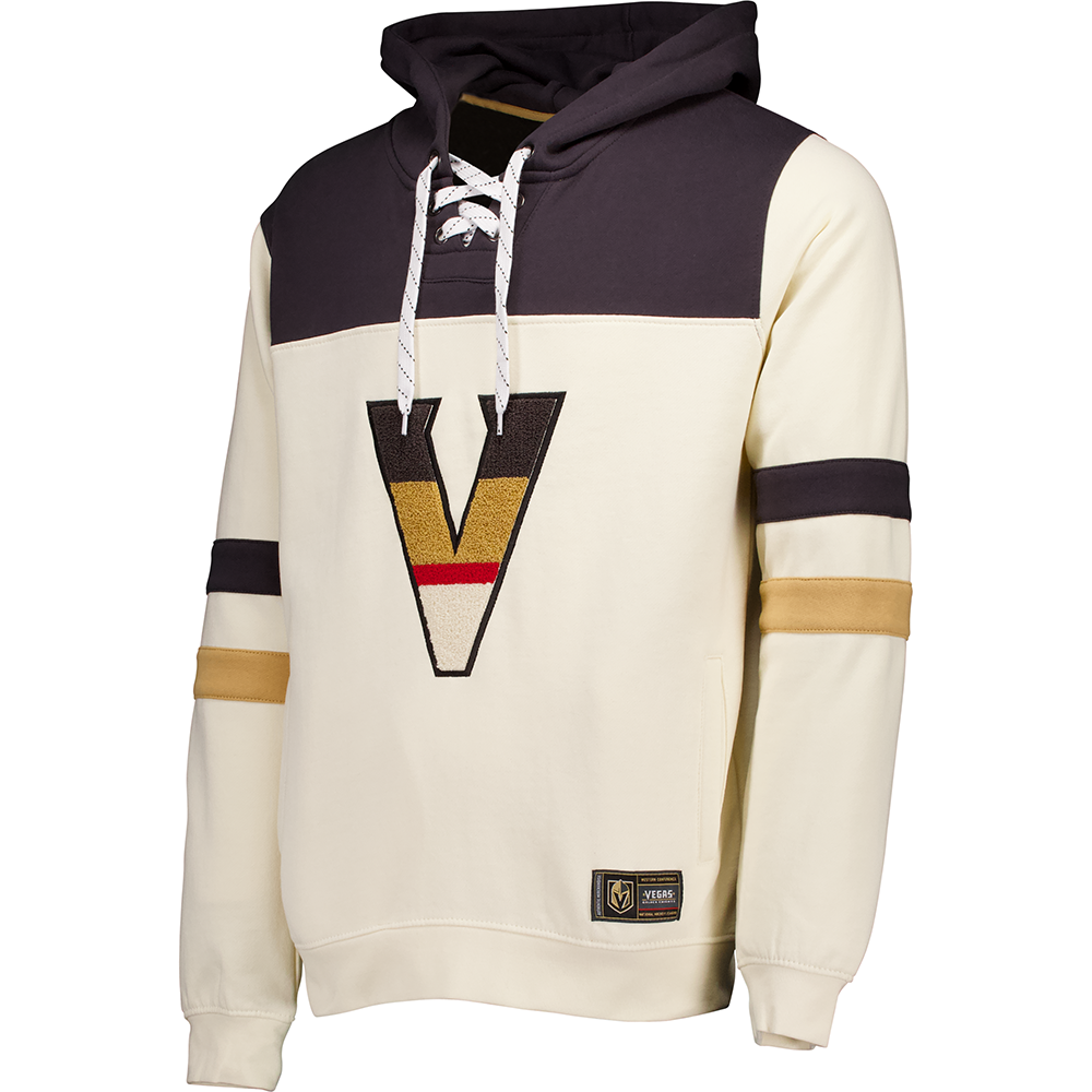 Cream and navy blue Vegas Golden Knights vintage hockey stripe hoodie with V logo