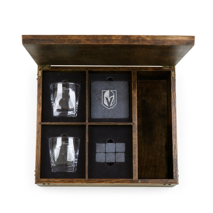 Wooden whiskey box with compartments for glasses and coasters, Vegas Golden Knights merchandise