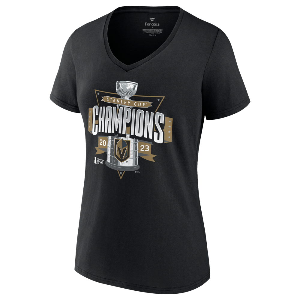 Black V-neck T-shirt featuring Champions graphic, Vegas Golden Knights merchandise