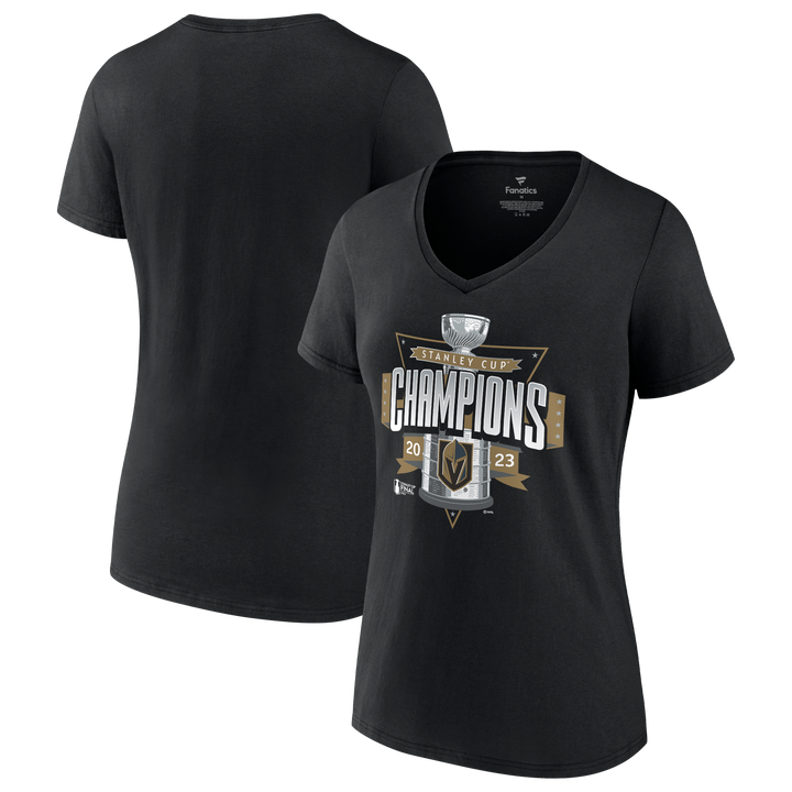 Black Vegas Golden Knights Women’s Tee with Champions logo and golden knight’s helmet